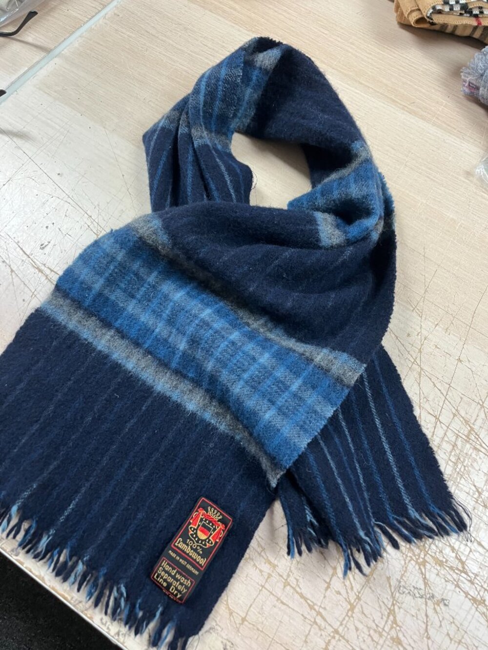 Vintage Lambswool Plaid Shades of Blue Scarf West Germany 9"x43" Men's